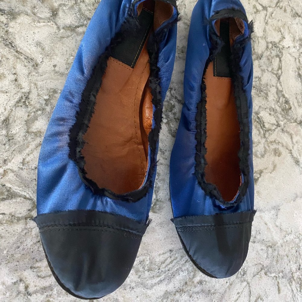 $495 LANVIN Blue/Black Silk Ballet Flats/Shoes Fits 38.5/8.5